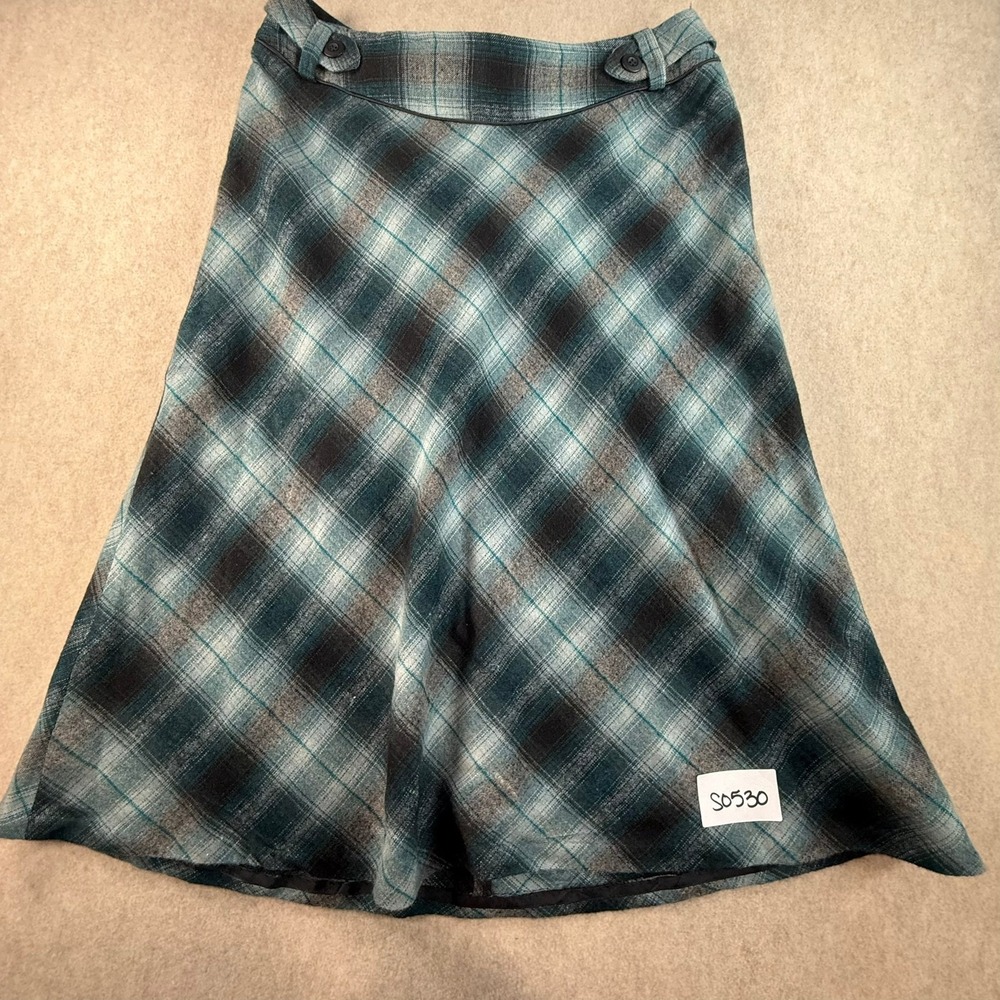 Christopher & Banks Teal Black Plaid A-Line Midi Skirt Wool Blend Womens 12